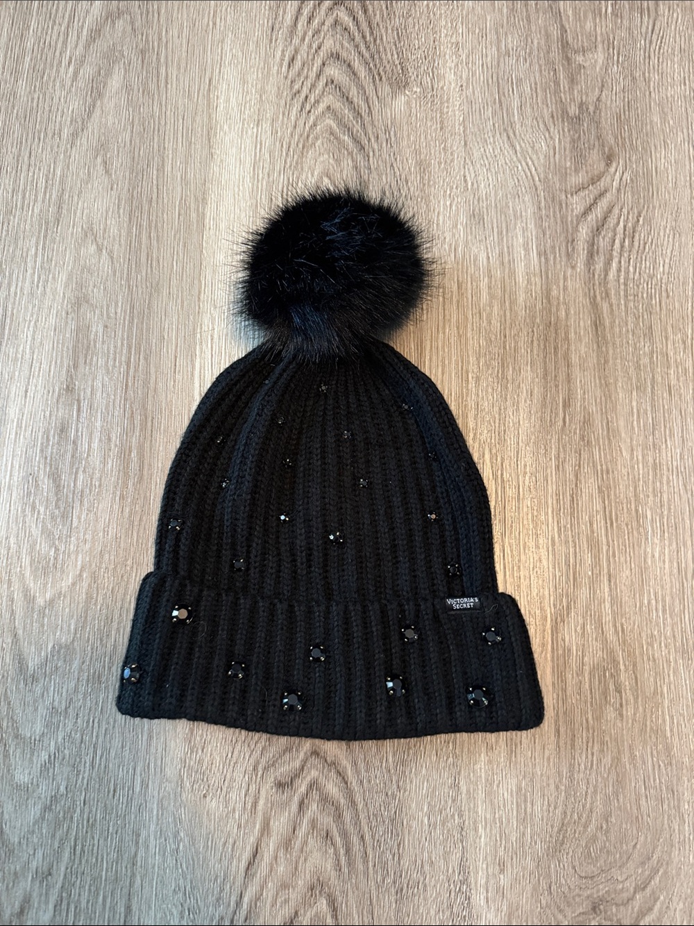 Victoria's Secret Black Beanie with Pom Pom and Rhinestones